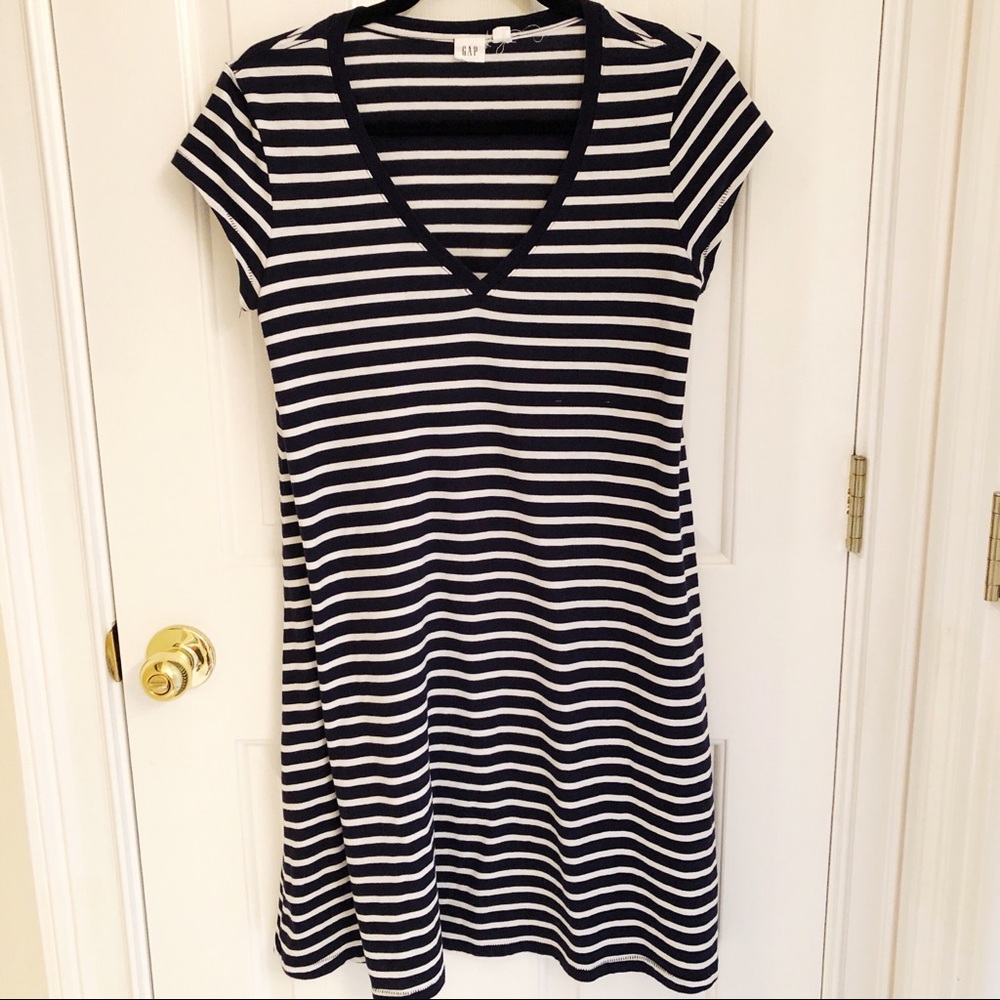 Gap V Neck Navy/White Striped Shirt Dress SZ S